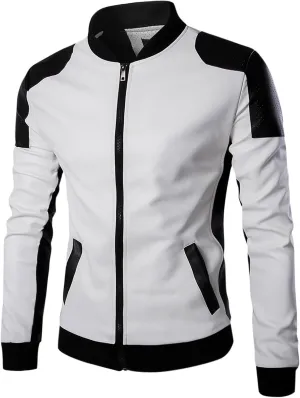 Faux Leather Jacket Mens Color Block Racer Motorcycle PU Leather Full Zip Black Vintage Biker Jacket with Pockets