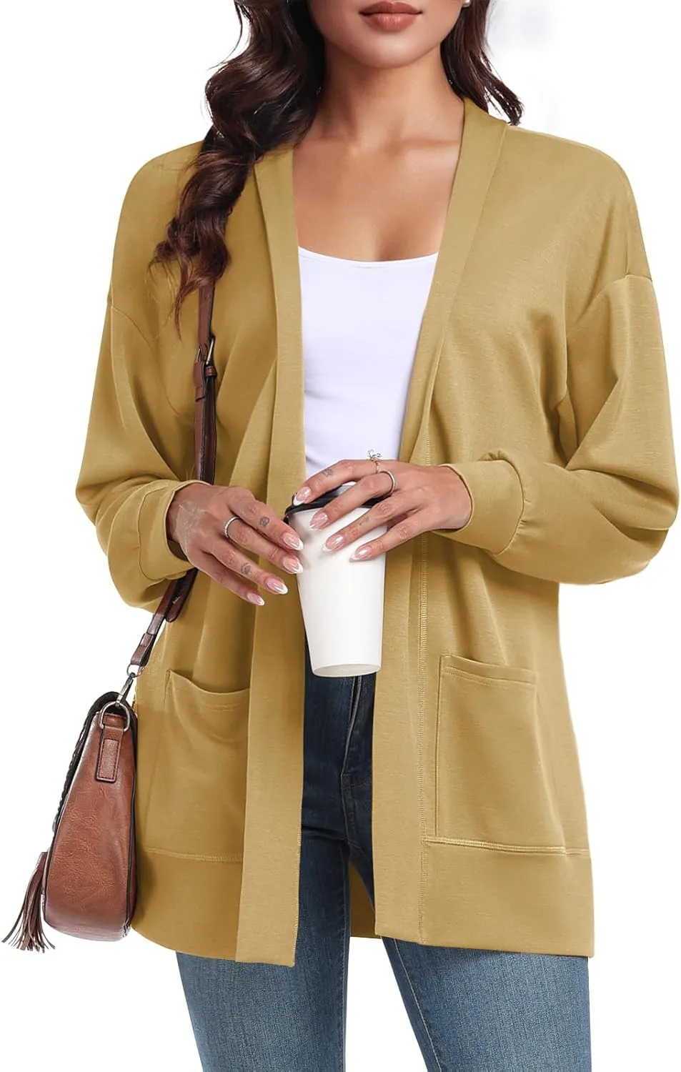 Feiersi Women's Open Front Cardigans Long Sleeve Casual with Pockets Knit Cardigan Soft Outwear