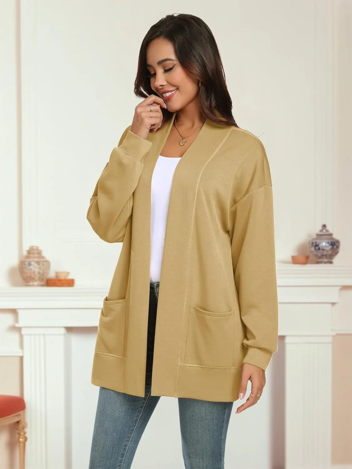 Feiersi Women's Open Front Cardigans Long Sleeve Casual with Pockets Knit Cardigan Soft Outwear