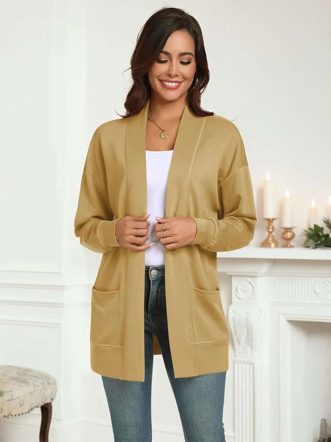 Feiersi Women's Open Front Cardigans Long Sleeve Casual with Pockets Knit Cardigan Soft Outwear