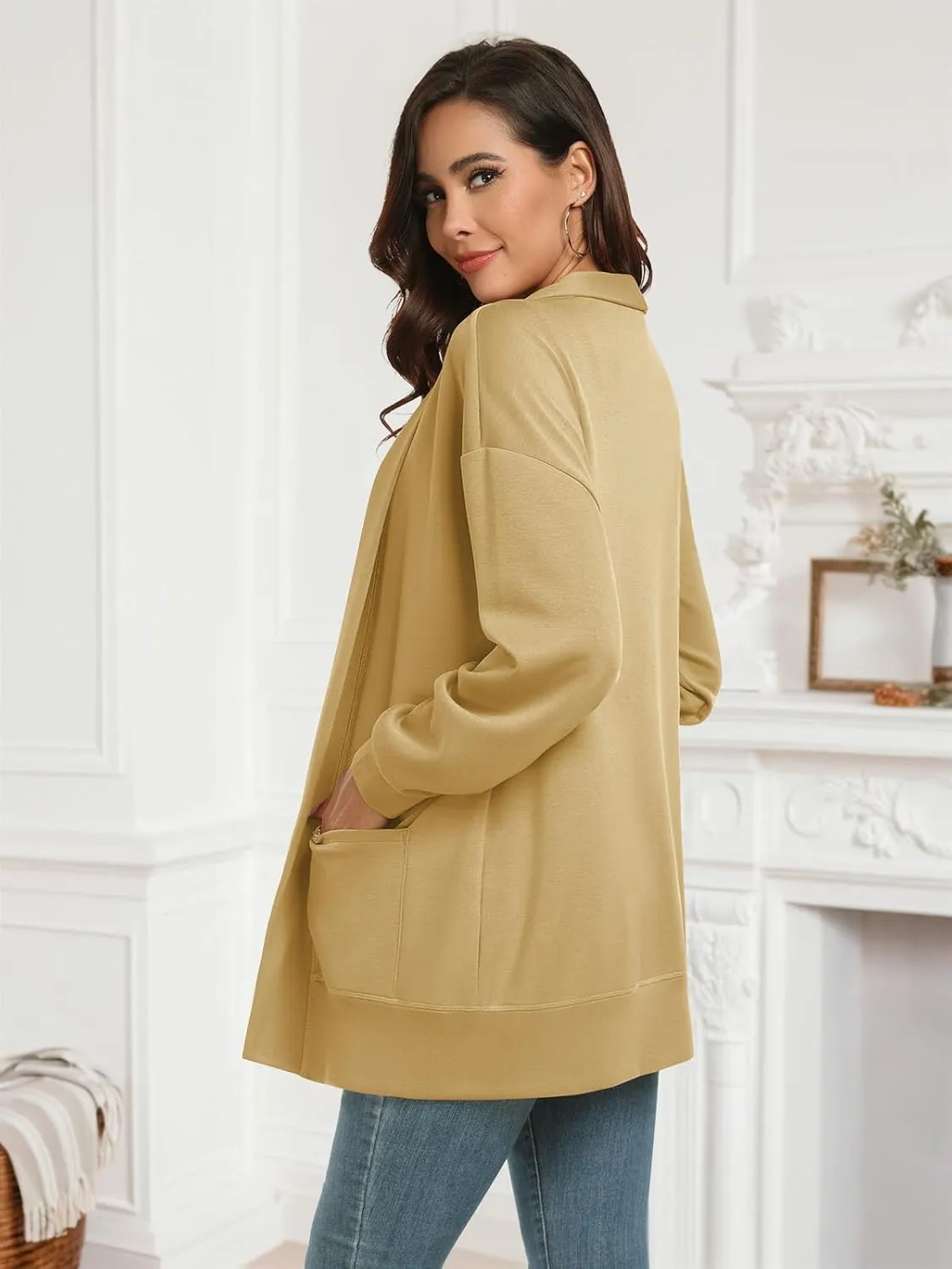 Feiersi Women's Open Front Cardigans Long Sleeve Casual with Pockets Knit Cardigan Soft Outwear