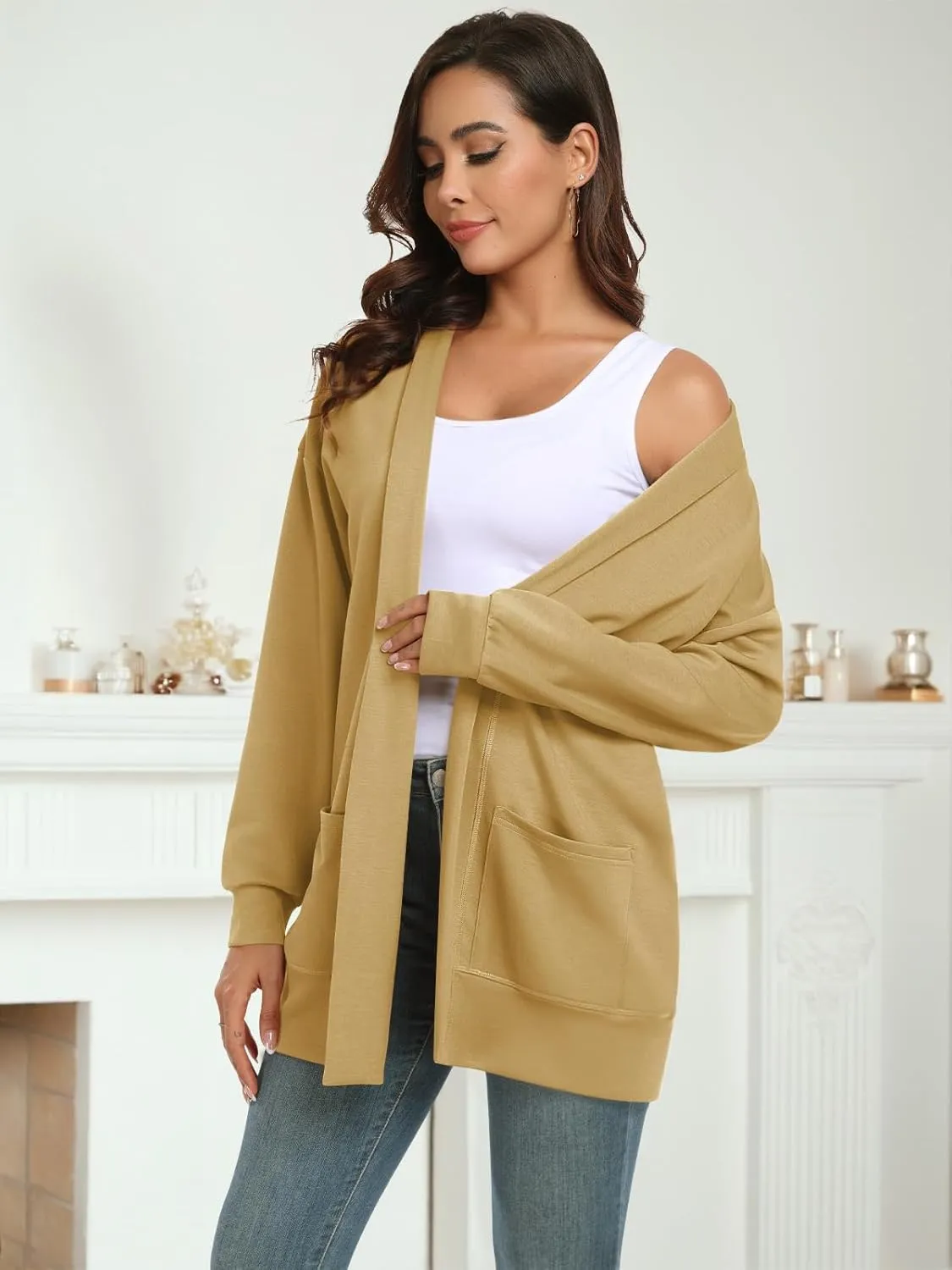Feiersi Women's Open Front Cardigans Long Sleeve Casual with Pockets Knit Cardigan Soft Outwear