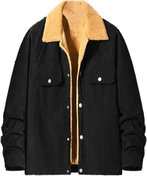 Finelylove Mens Corduroy Jacket Warm Sherpa Lined Fleece Thick Winter Coats Casual Turn Down Collar Cargo Trucker Coat