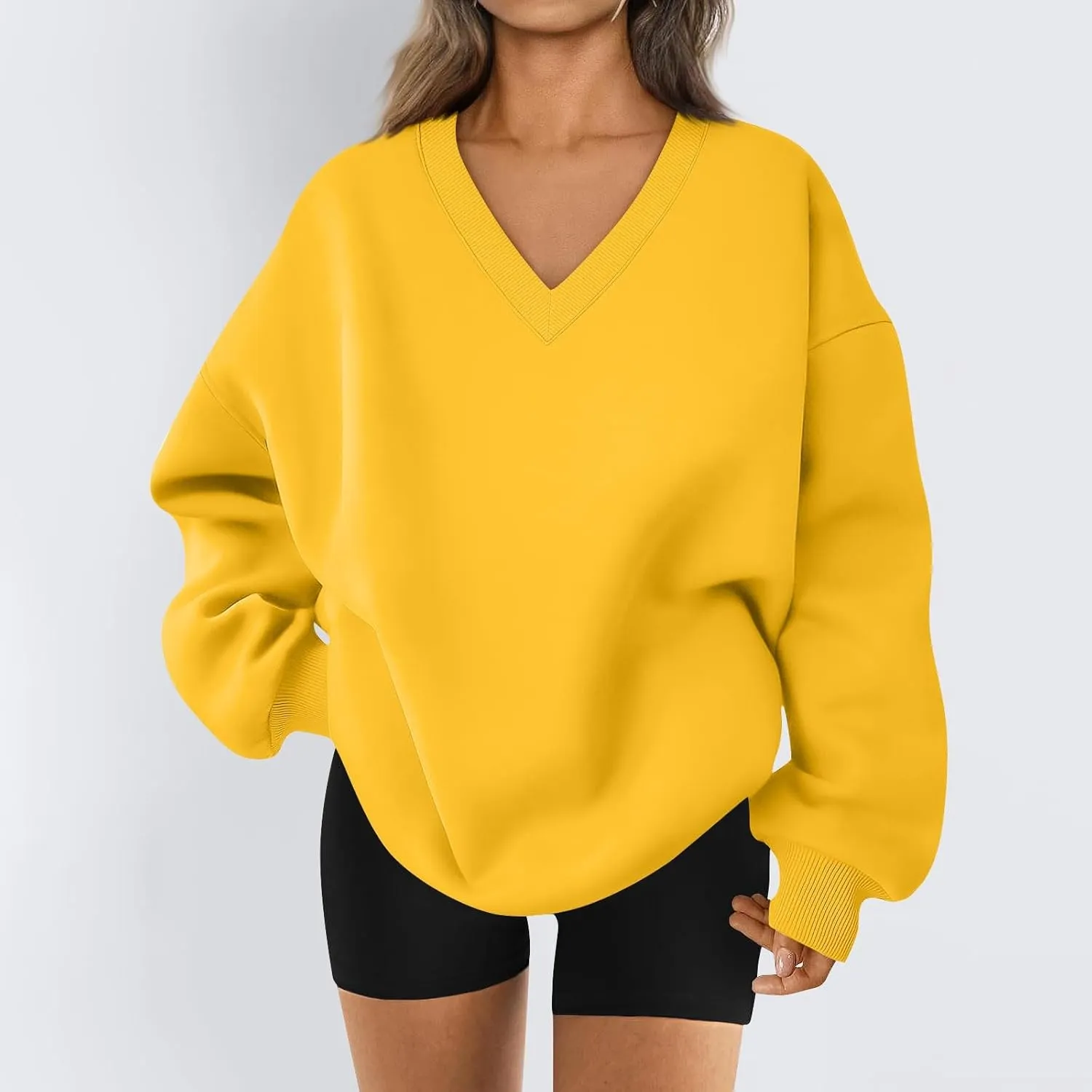 Fleece V Neck Sweatshirt Women Plain Drop Shoulder Oversized Sweatshirts Casual Baggy Comfy Soft Cotton Pullover Tops