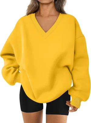 Fleece V Neck Sweatshirt Women Plain Drop Shoulder Oversized Sweatshirts Casual Baggy Comfy Soft Cotton Pullover Tops