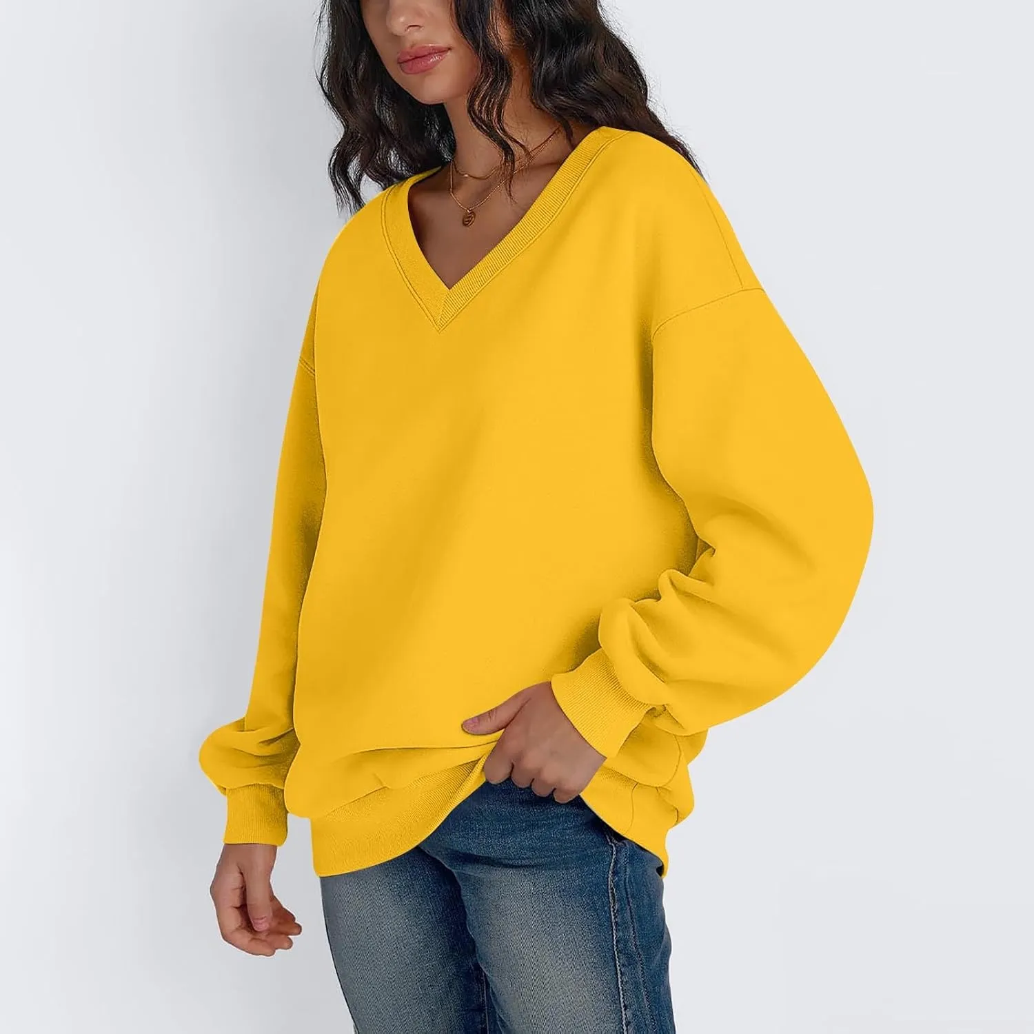 Fleece V Neck Sweatshirt Women Plain Drop Shoulder Oversized Sweatshirts Casual Baggy Comfy Soft Cotton Pullover Tops