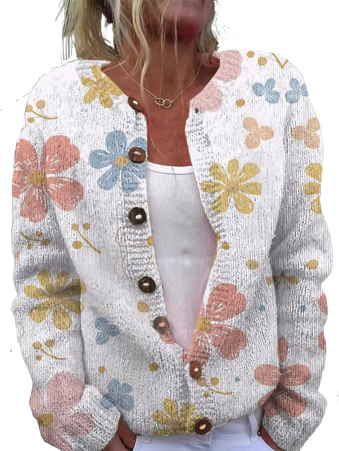 Floral Button Up Sweater Cardigan for Women Trendy Oversized Long Sleeve Casual Sweaters Plus Size Tops Outfits