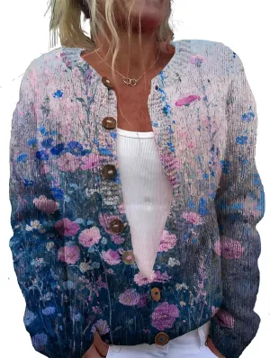 Floral Button Up Sweater Cardigan for Women Trendy Oversized Long Sleeve Casual Sweaters Plus Size Tops Outfits