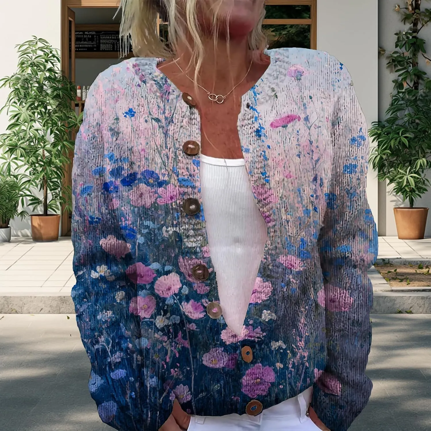 Floral Button Up Sweater Cardigan for Women Trendy Oversized Long Sleeve Casual Sweaters Plus Size Tops Outfits