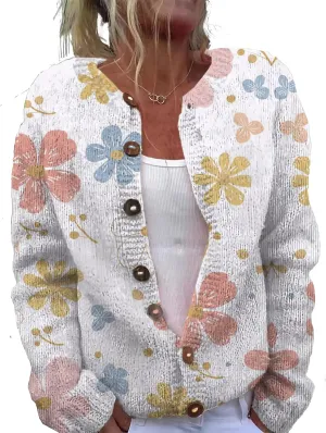 Floral Button Up Sweater Cardigan for Women Trendy Oversized Long Sleeve Casual Sweaters Plus Size Tops Outfits