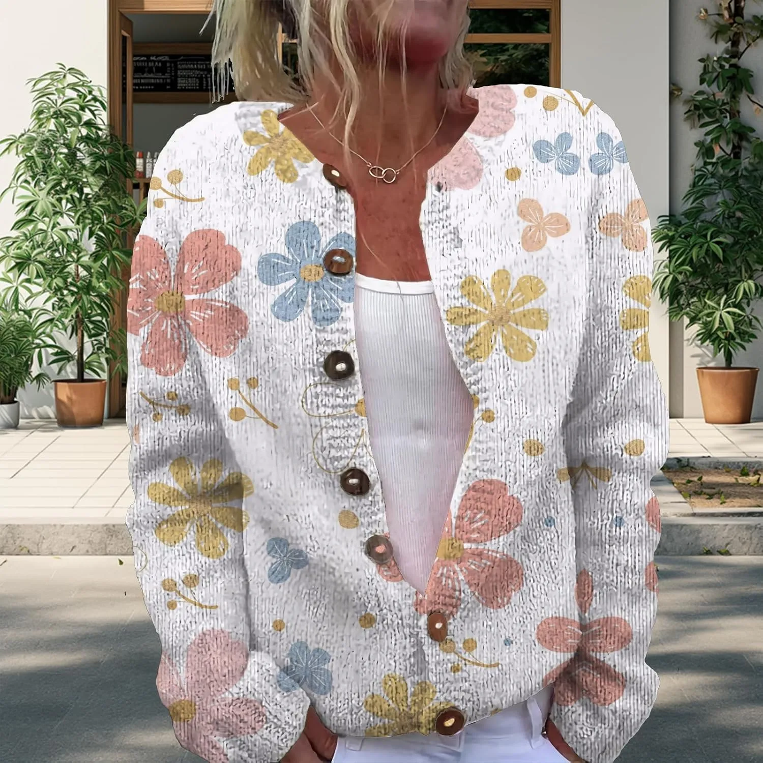 Floral Button Up Sweater Cardigan for Women Trendy Oversized Long Sleeve Casual Sweaters Plus Size Tops Outfits