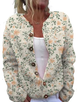 Floral Button Up Sweater Cardigan for Women Trendy Oversized Long Sleeve Casual Sweaters Plus Size Tops Outfits