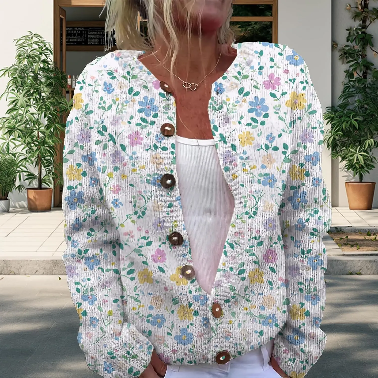 Floral Button Up Sweater Cardigan for Women Trendy Oversized Long Sleeve Casual Sweaters Plus Size Tops Outfits