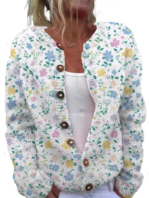 Floral Button Up Sweater Cardigan for Women Trendy Oversized Long Sleeve Casual Sweaters Plus Size Tops Outfits