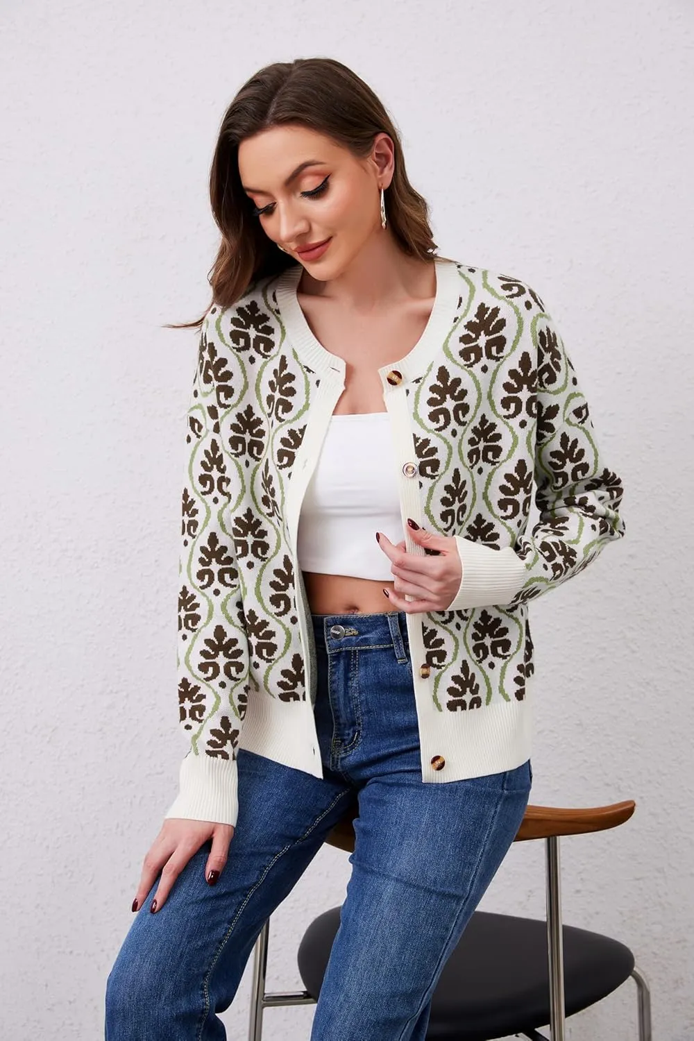 Floral Cardigan Sweaters for Women Lightweight Button Up Flower Printed Pattern Cardigans Fall Knit Sweater Tops