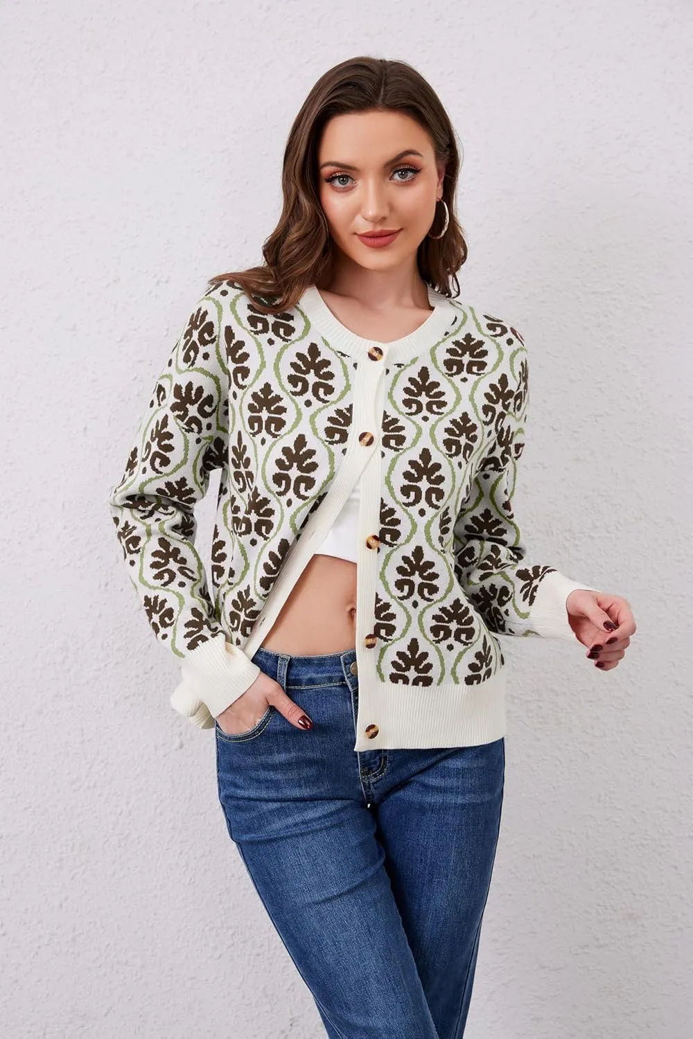 Floral Cardigan Sweaters for Women Lightweight Button Up Flower Printed Pattern Cardigans Fall Knit Sweater Tops