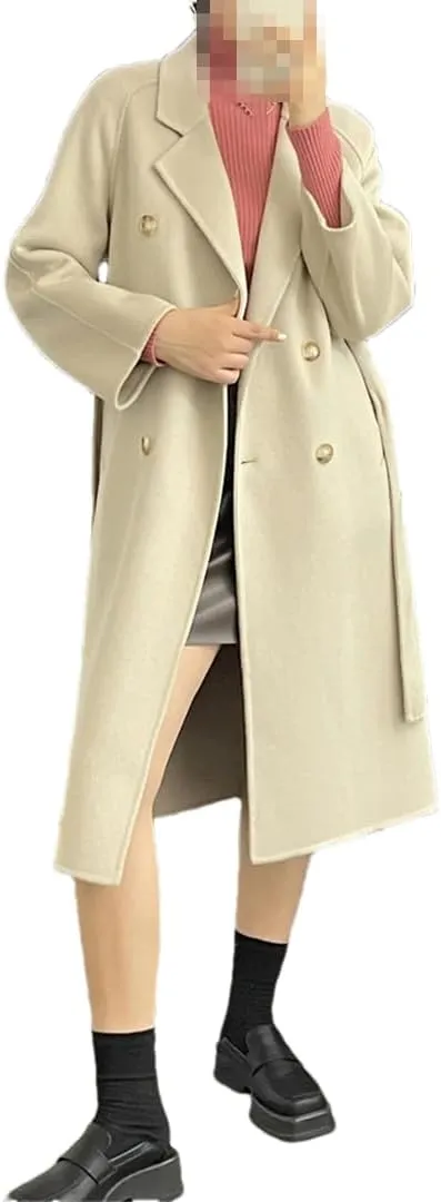 Fnfmrfmr Women Casual Long Double-Sided Woolen Jacket Double Breasted Lace-Up Wool Blend Coats