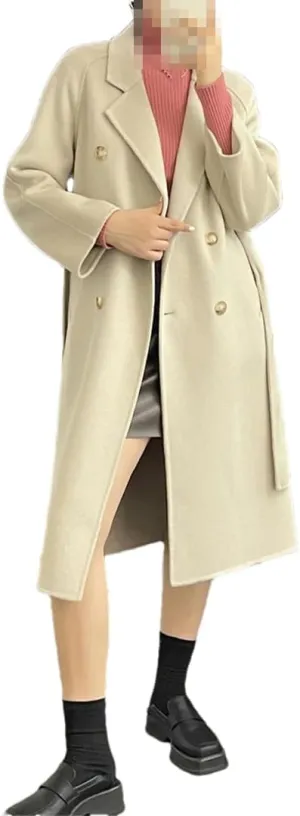 Fnfmrfmr Women Casual Long Double-Sided Woolen Jacket Double Breasted Lace-Up Wool Blend Coats