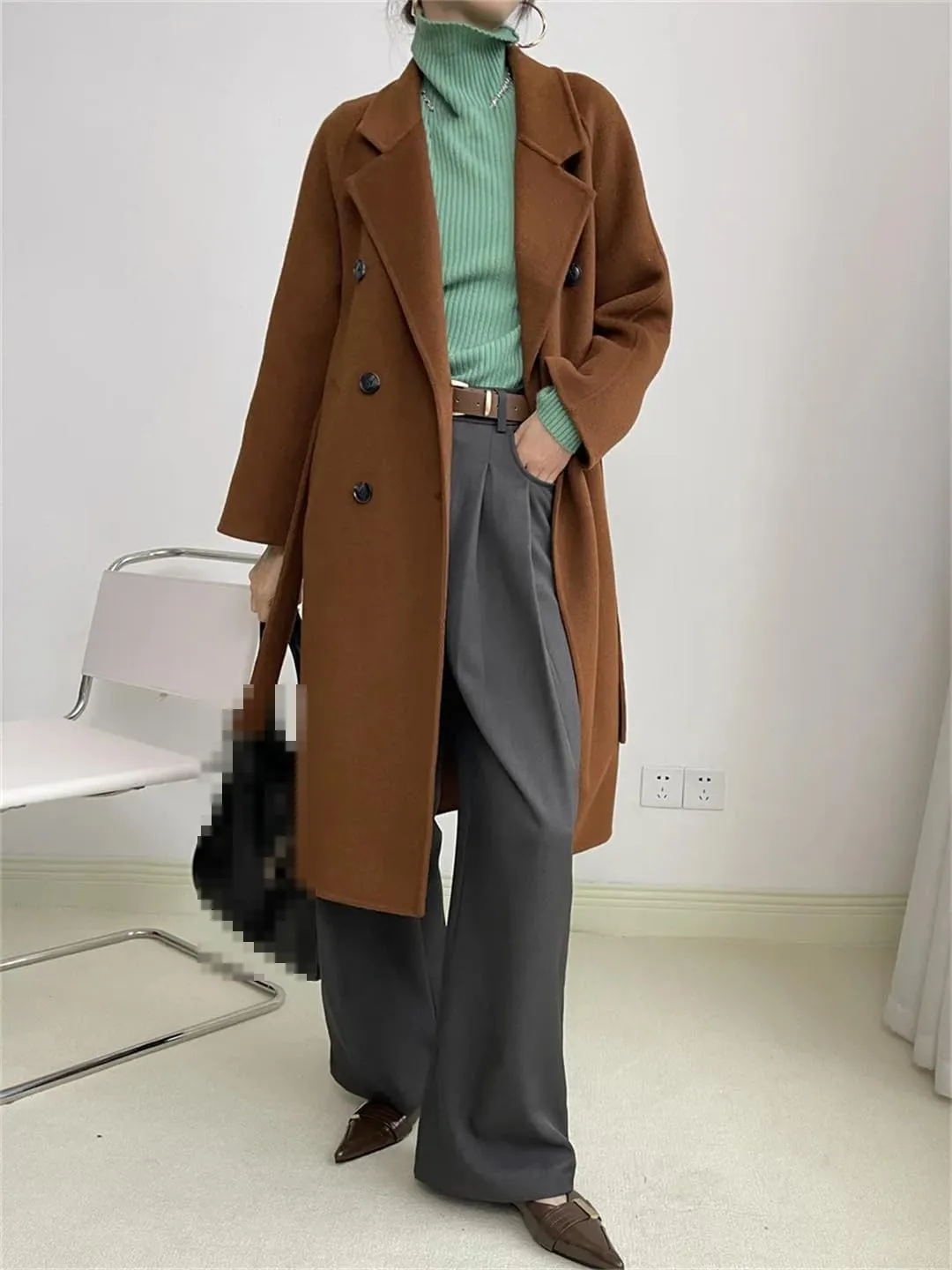 Fnfmrfmr Women Casual Long Double-Sided Woolen Jacket Double Breasted Lace-Up Wool Blend Coats