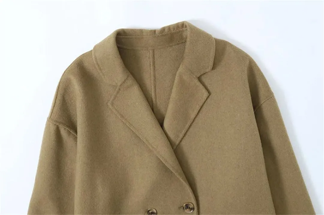 Fnfmrfmr Women Double-Sided Wool Blend Long Coats Simple Double Breasted Autumn Winter Blazer Woolen Jacket