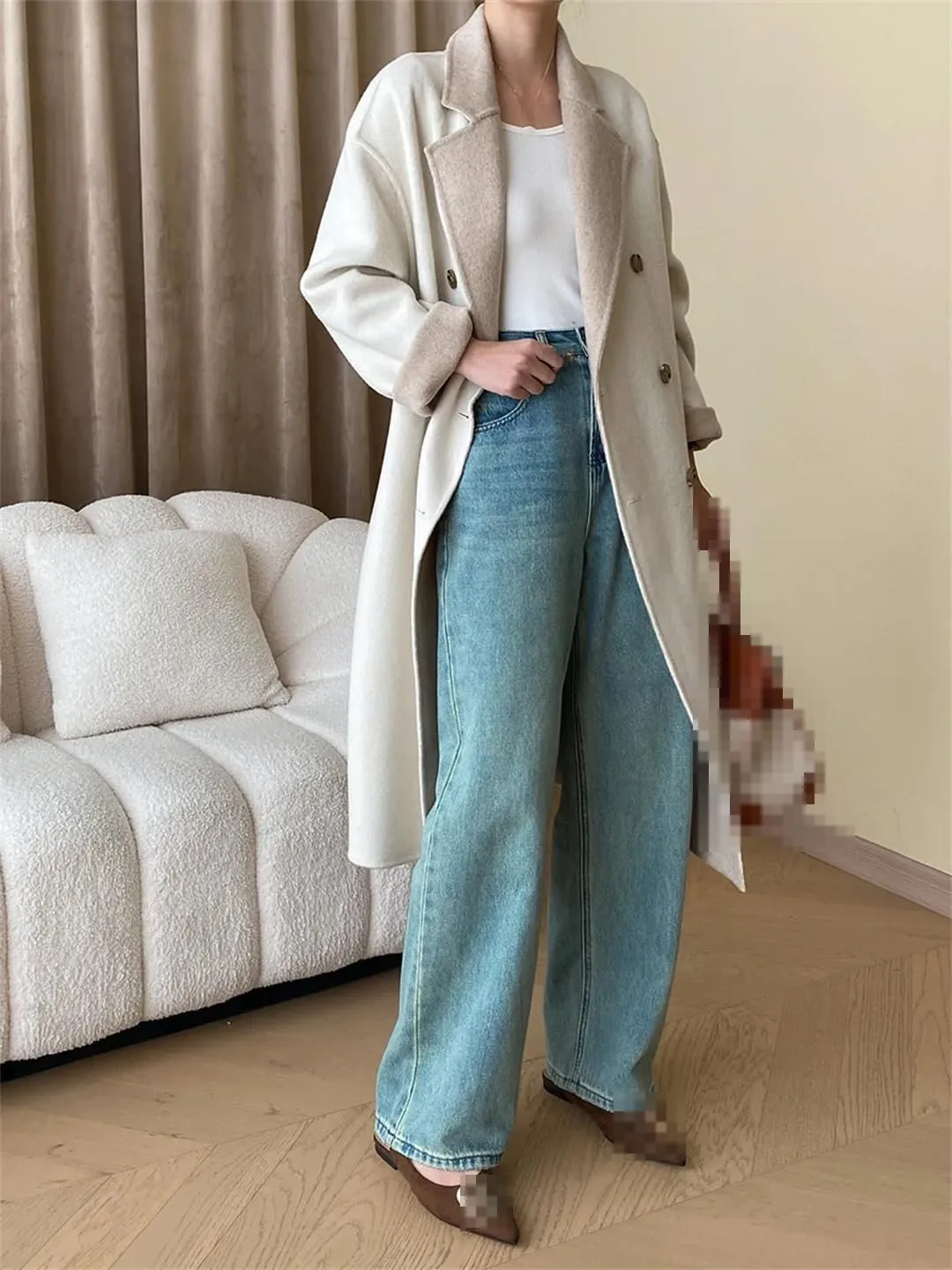 Fnfmrfmr Women Long Woolen Coats Double-Sided Wear Slim Double Breasted Lace-Up Wool Blend Jacket