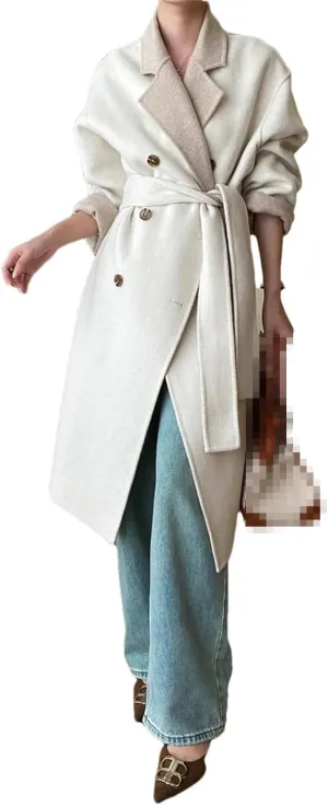 Fnfmrfmr Women Long Woolen Coats Double-Sided Wear Slim Double Breasted Lace-Up Wool Blend Jacket