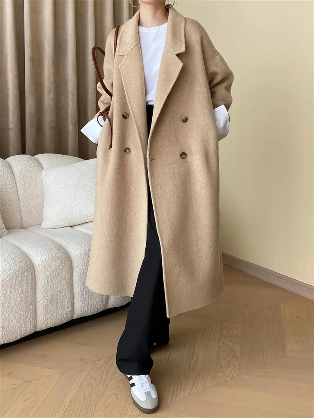 Fnfmrfmr Women's Double-Sided Wool Blends Coats Double Breasted Autumn Winter Long Wool Jacket