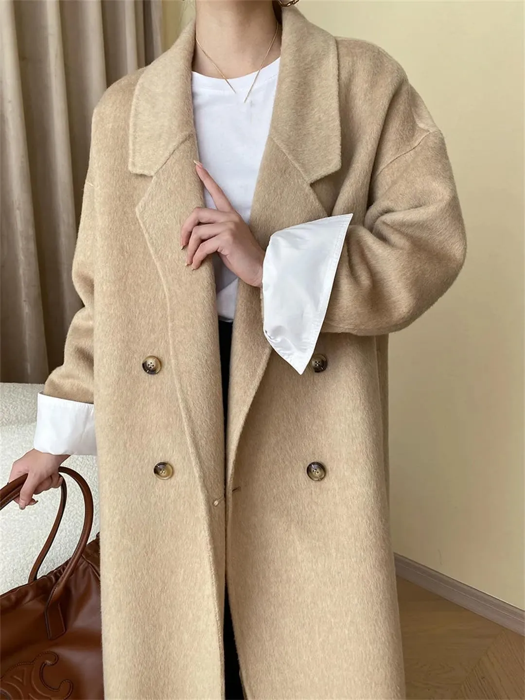 Fnfmrfmr Women's Double-Sided Wool Blends Coats Double Breasted Autumn Winter Long Wool Jacket
