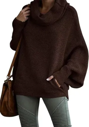 Foreseew Sweaters Women Solid Turtlenecks Mock, Long Sleeve Cable Knit Sweaters Oversized Comfy Loose Casual Sweater
