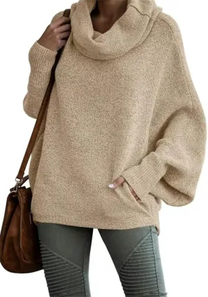 Foreseew Sweaters Women Solid Turtlenecks Mock, Long Sleeve Cable Knit Sweaters Oversized Comfy Loose Casual Sweater