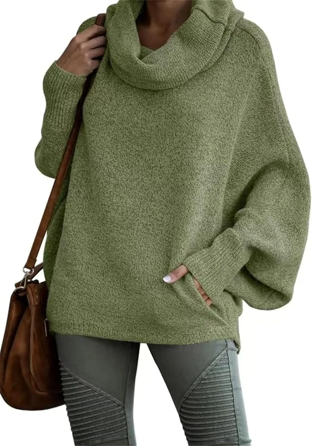 Foreseew Sweaters Women Solid Turtlenecks Mock, Long Sleeve Cable Knit Sweaters Oversized Comfy Loose Casual Sweater