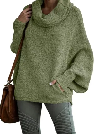 Foreseew Sweaters Women Solid Turtlenecks Mock, Long Sleeve Cable Knit Sweaters Oversized Comfy Loose Casual Sweater