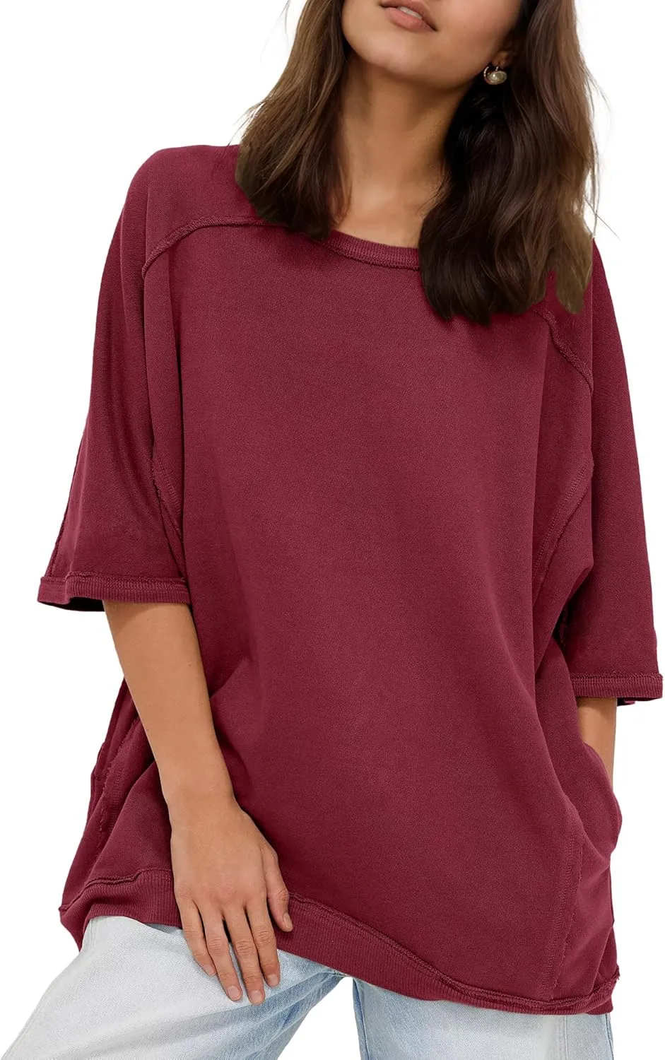 Gacaky Womens Oversized Sweatshirts Pullover 3/4 Sleeve Crewneck Pullover Tops Trendy Cute Y2K Tee with Pockets