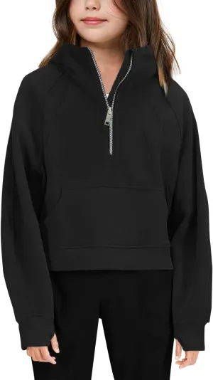 Girls' Hoodies Sweatshirts Half Zipper Pullover Crop Tops for Teen Girls Long Sleeve Sweater Thumb Hole