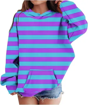 Girls Oversized Striped Hooded Sweatshirt Kids Fashion Long Sleeve Pullover Tops Children Fall Winter Casual Coat