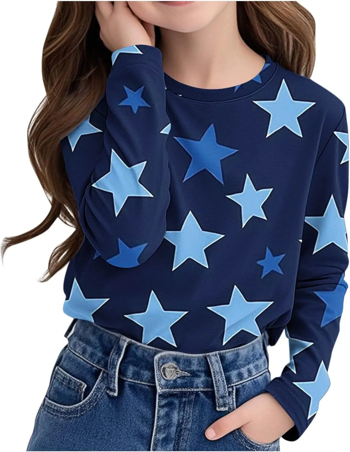 Graphic Sweatshirt Girls Long Sleeve Star Print Crewneck Lightweight Pullover Relaxed Casual Cute Essential Top