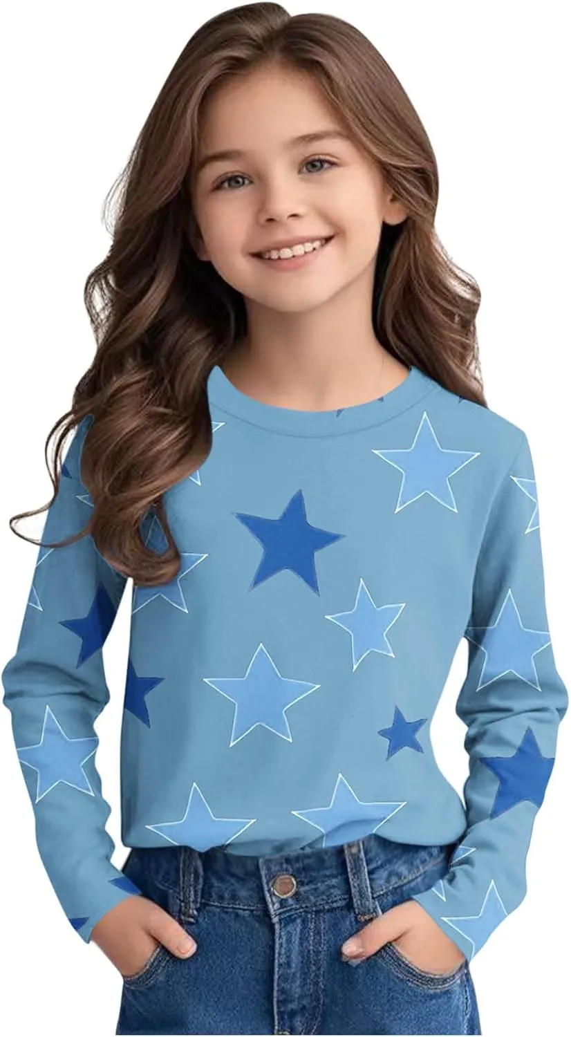 Graphic Sweatshirt Girls Long Sleeve Star Print Crewneck Lightweight Pullover Relaxed Casual Cute Essential Top