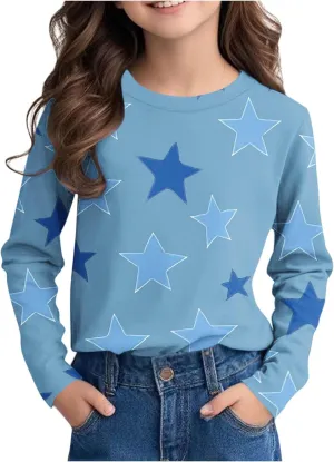 Graphic Sweatshirt Girls Long Sleeve Star Print Crewneck Lightweight Pullover Relaxed Casual Cute Essential Top