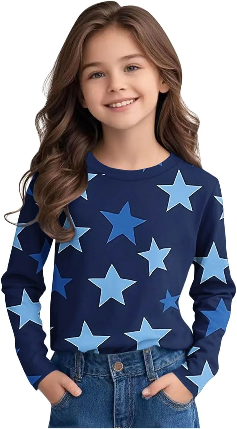 Graphic Sweatshirt Girls Long Sleeve Star Print Crewneck Lightweight Pullover Relaxed Casual Cute Essential Top