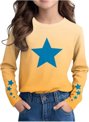 Graphic Sweatshirt Girls Long Sleeve Star Print Crewneck Lightweight Pullover Relaxed Casual Cute Essential Top