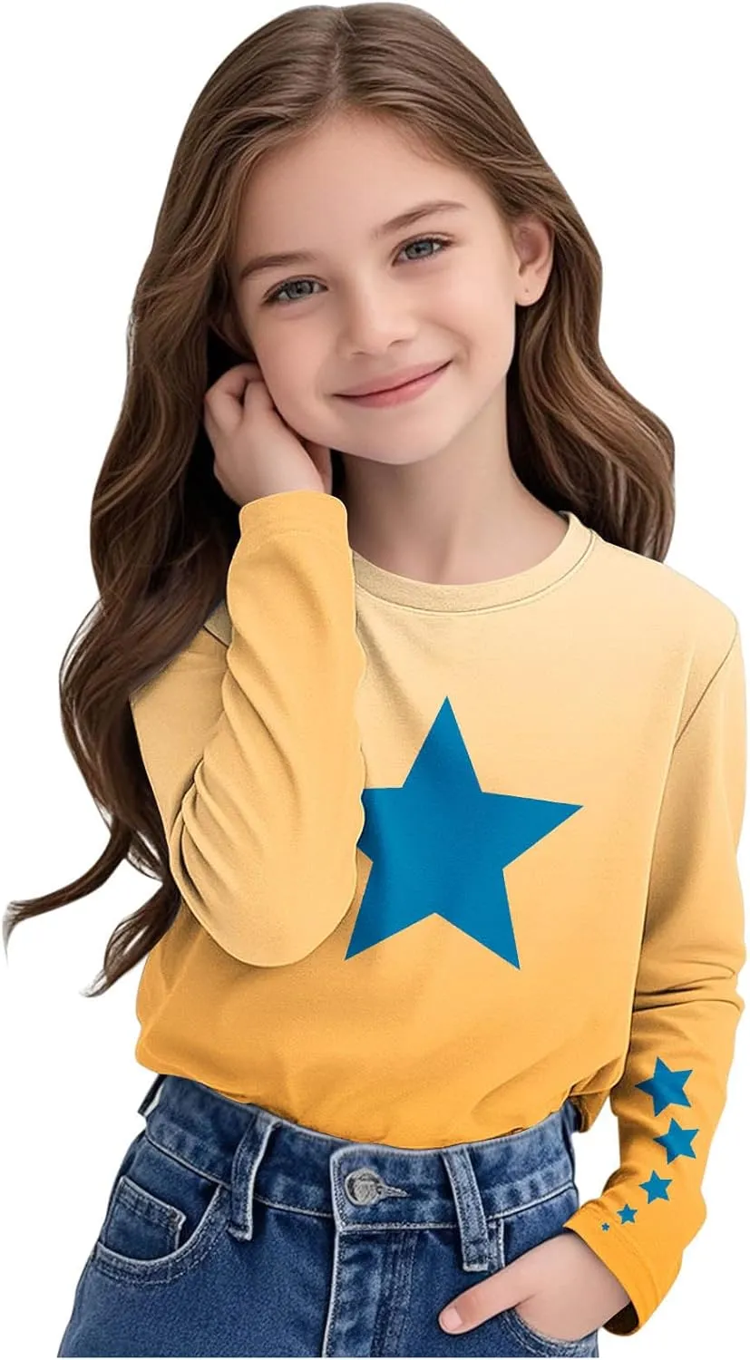 Graphic Sweatshirt Girls Long Sleeve Star Print Crewneck Lightweight Pullover Relaxed Casual Cute Essential Top