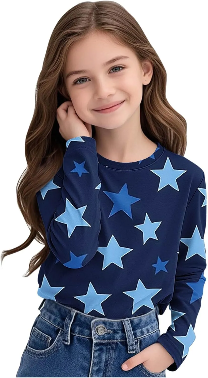 Graphic Sweatshirt Girls Long Sleeve Star Print Crewneck Lightweight Pullover Relaxed Casual Cute Essential Top