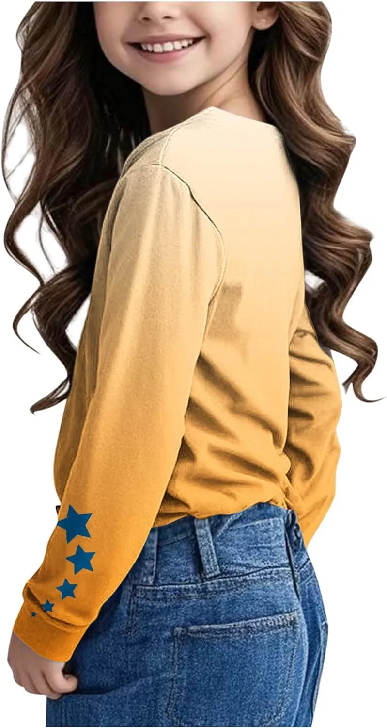 Graphic Sweatshirt Girls Long Sleeve Star Print Crewneck Lightweight Pullover Relaxed Casual Cute Essential Top