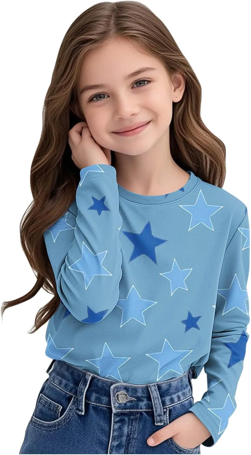 Graphic Sweatshirt Girls Long Sleeve Star Print Crewneck Lightweight Pullover Relaxed Casual Cute Essential Top