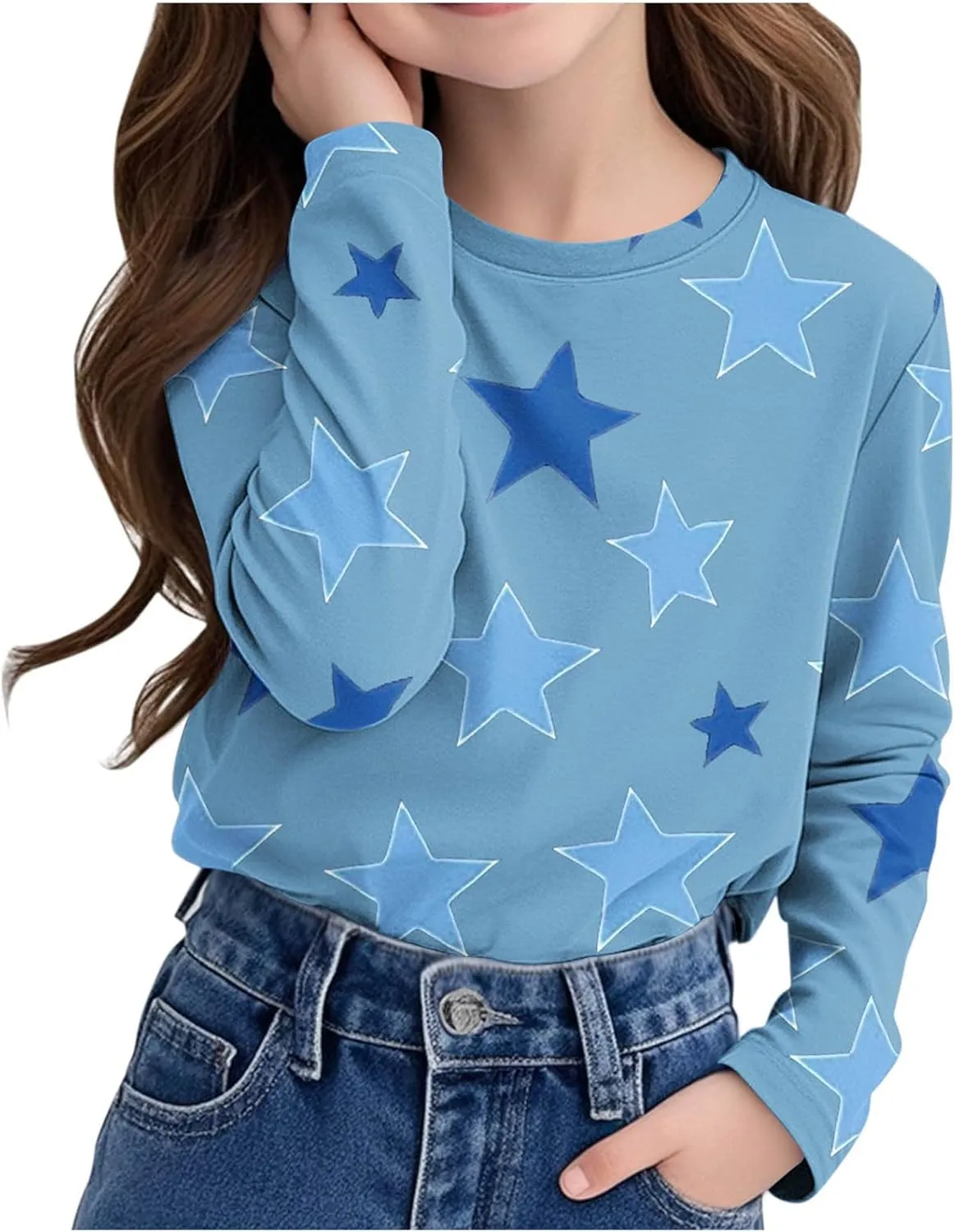 Graphic Sweatshirt Girls Long Sleeve Star Print Crewneck Lightweight Pullover Relaxed Casual Cute Essential Top