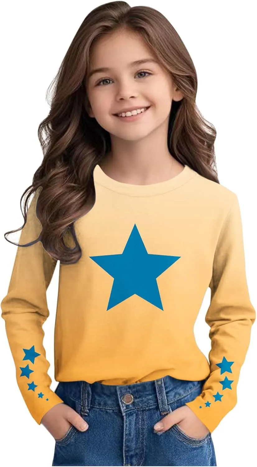 Graphic Sweatshirt Girls Long Sleeve Star Print Crewneck Lightweight Pullover Relaxed Casual Cute Essential Top