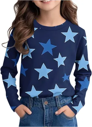 Graphic Sweatshirt Girls Long Sleeve Star Print Crewneck Lightweight Pullover Relaxed Casual Cute Essential Top