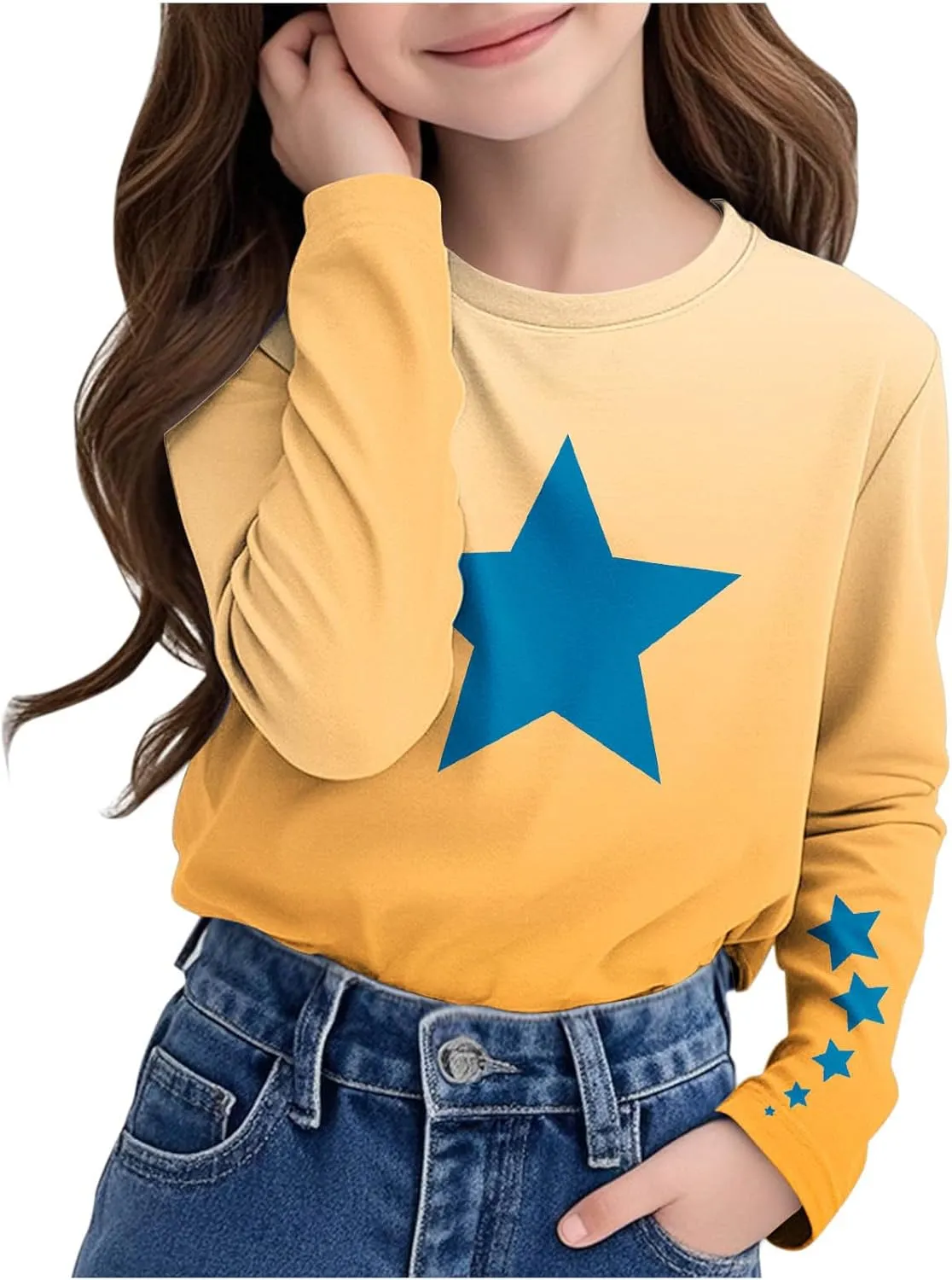 Graphic Sweatshirt Girls Long Sleeve Star Print Crewneck Lightweight Pullover Relaxed Casual Cute Essential Top