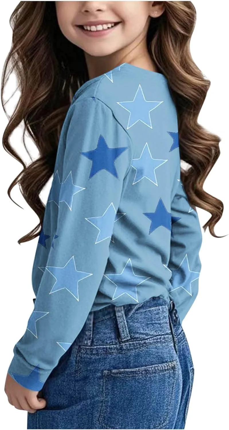 Graphic Sweatshirt Girls Long Sleeve Star Print Crewneck Lightweight Pullover Relaxed Casual Cute Essential Top