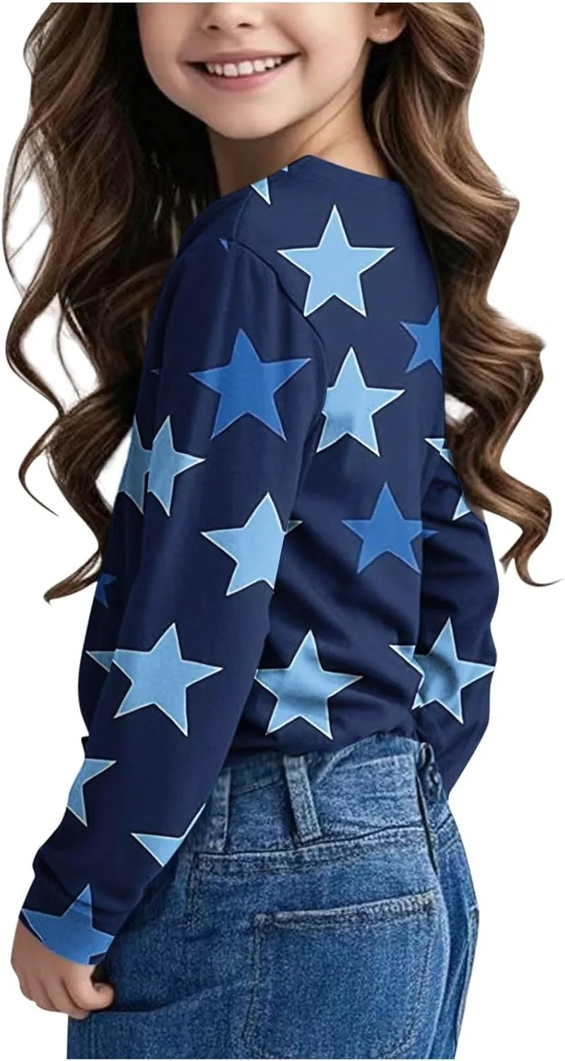 Graphic Sweatshirt Girls Long Sleeve Star Print Crewneck Lightweight Pullover Relaxed Casual Cute Essential Top